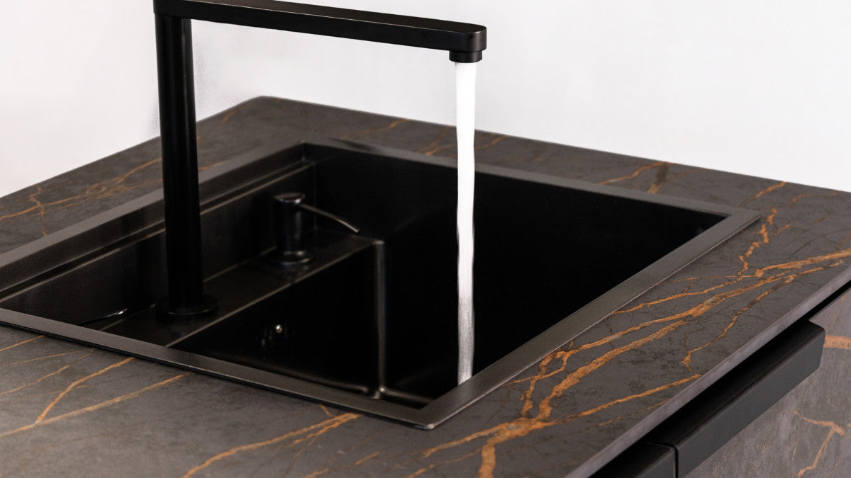 Q-Boo outdoor kitchen sink detail with Laurent Dekton
