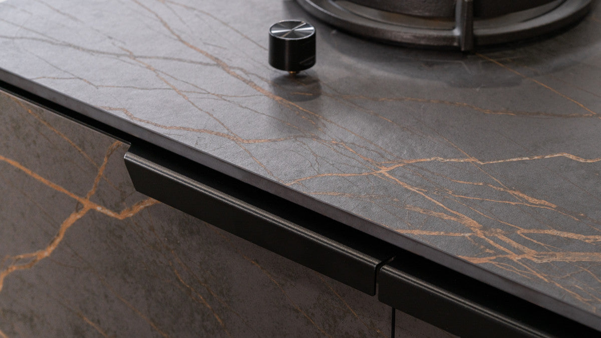 Q-Boo two burner outdoor kitchen cooktop detail with Laurent Dekton
