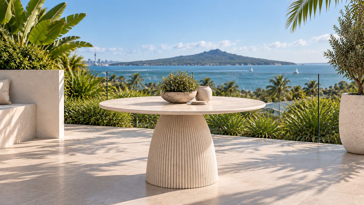 Concrete outdoor dining table with a sculptural fluted pedestal base