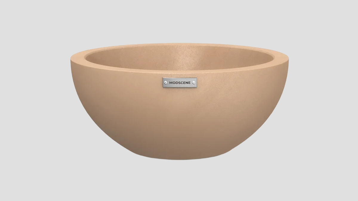 Barcelona 500 Bowl Planter in Earth Camel — spherical outdoor planter with flat base, 50cm diameter