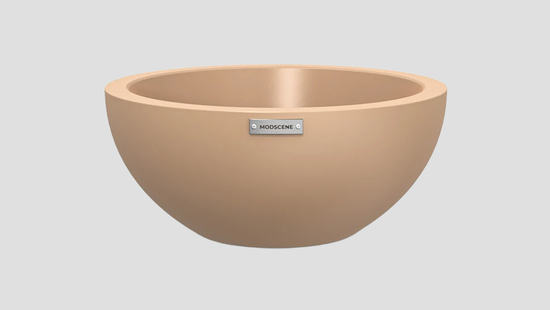 Barcelona 500 Bowl Planter in Tan — spherical outdoor planter with flat base, 50cm diameter