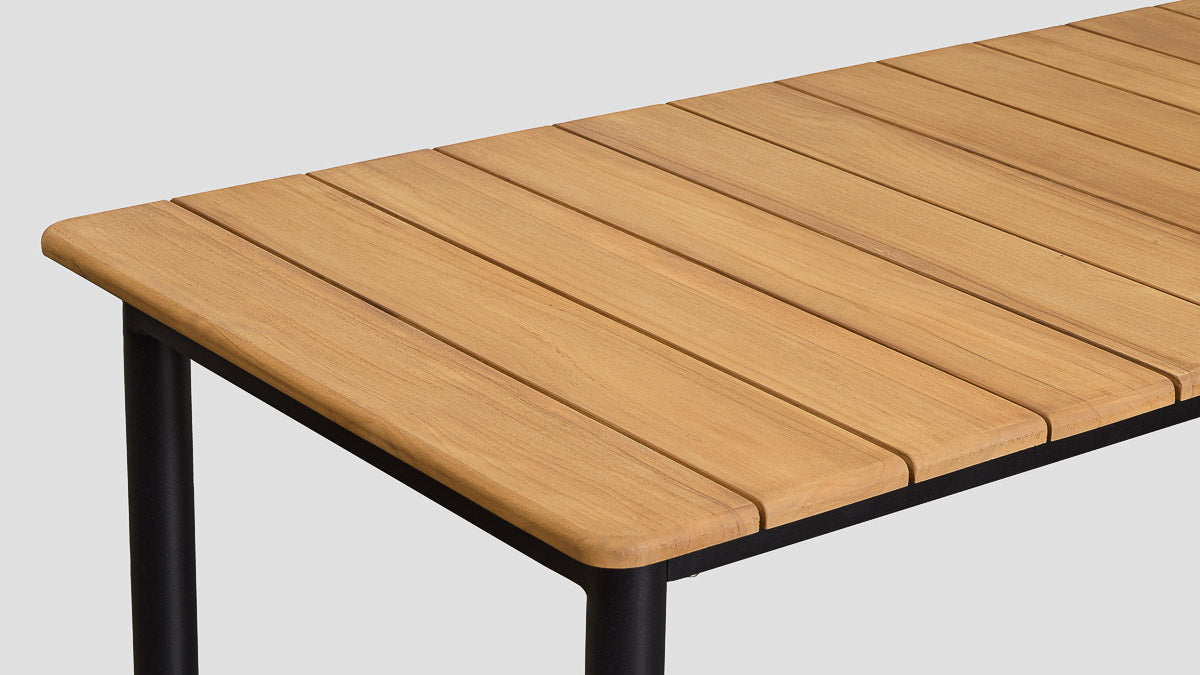 teak outdoor bar table — close-up detail