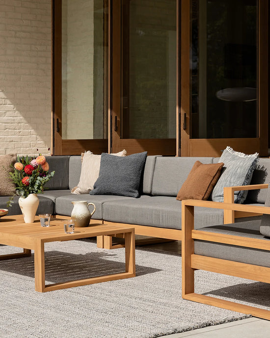 Clipper Outdoor Cushion — Tobacco cushion styled outdoors, 600 × 400 mm