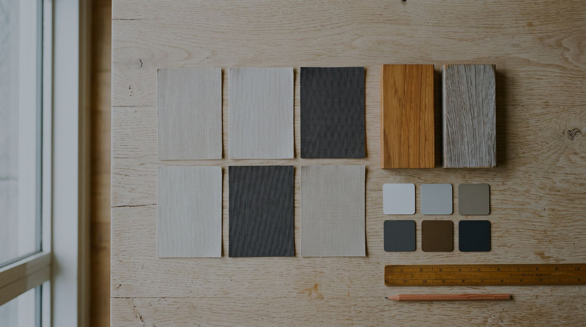 Material board with fabric swatches, frame chips and teak offcuts