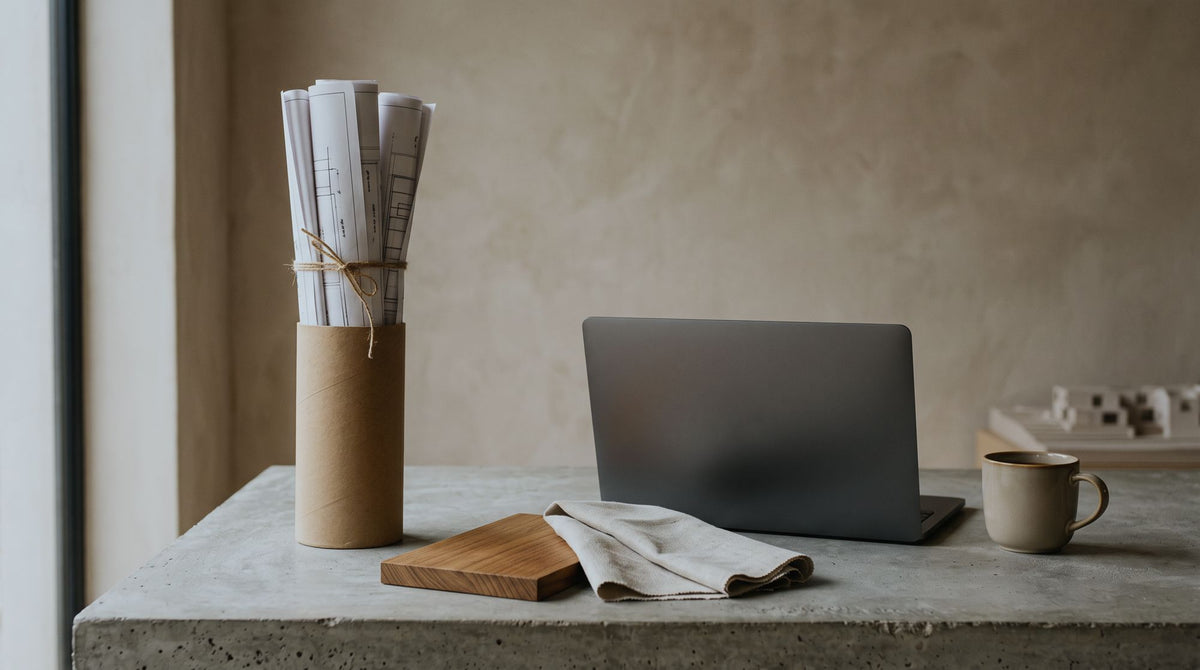 Rolled elevation drawings with teak and fabric samples on a desk