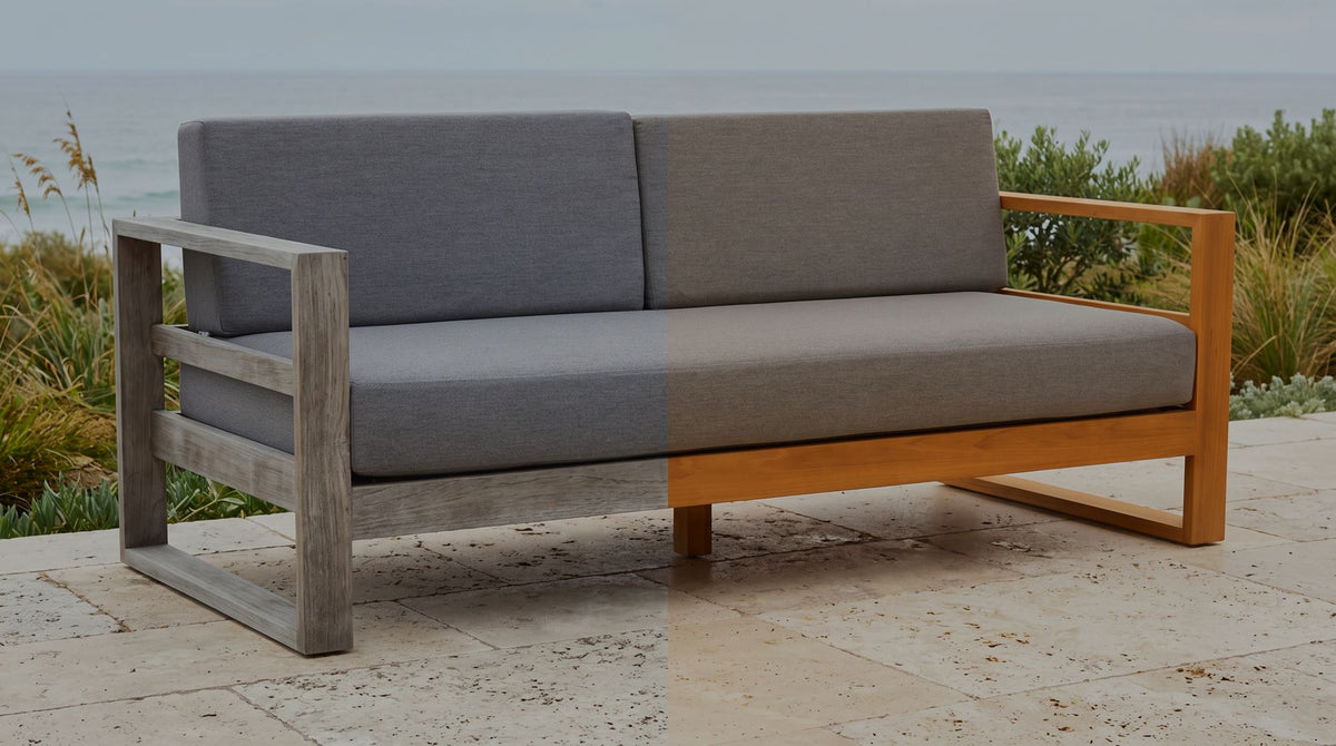 A Tasman teak sofa showing oiled and silvered timber side by side