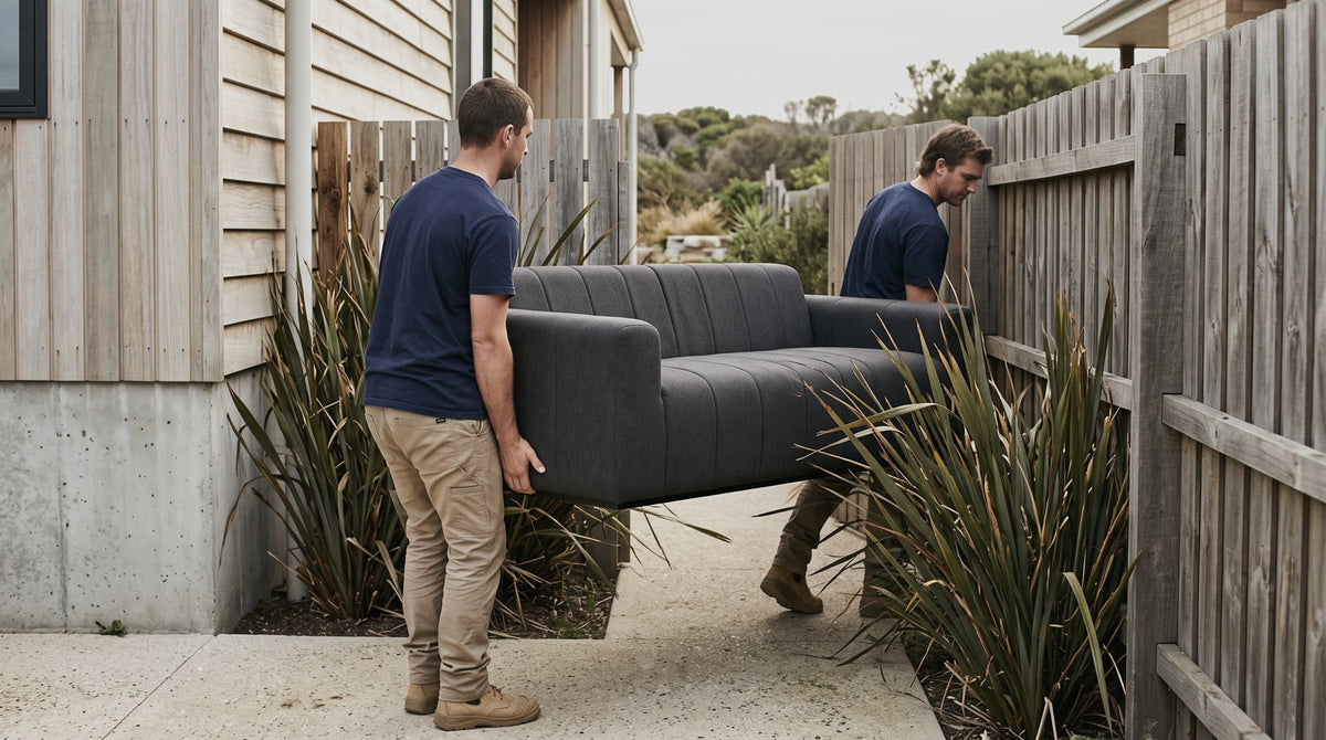 A Matakana sofa section carried through a narrow side gate
