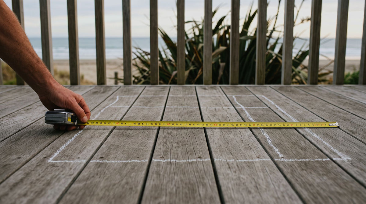 Tape measure across a bare deck with a furniture footprint marked