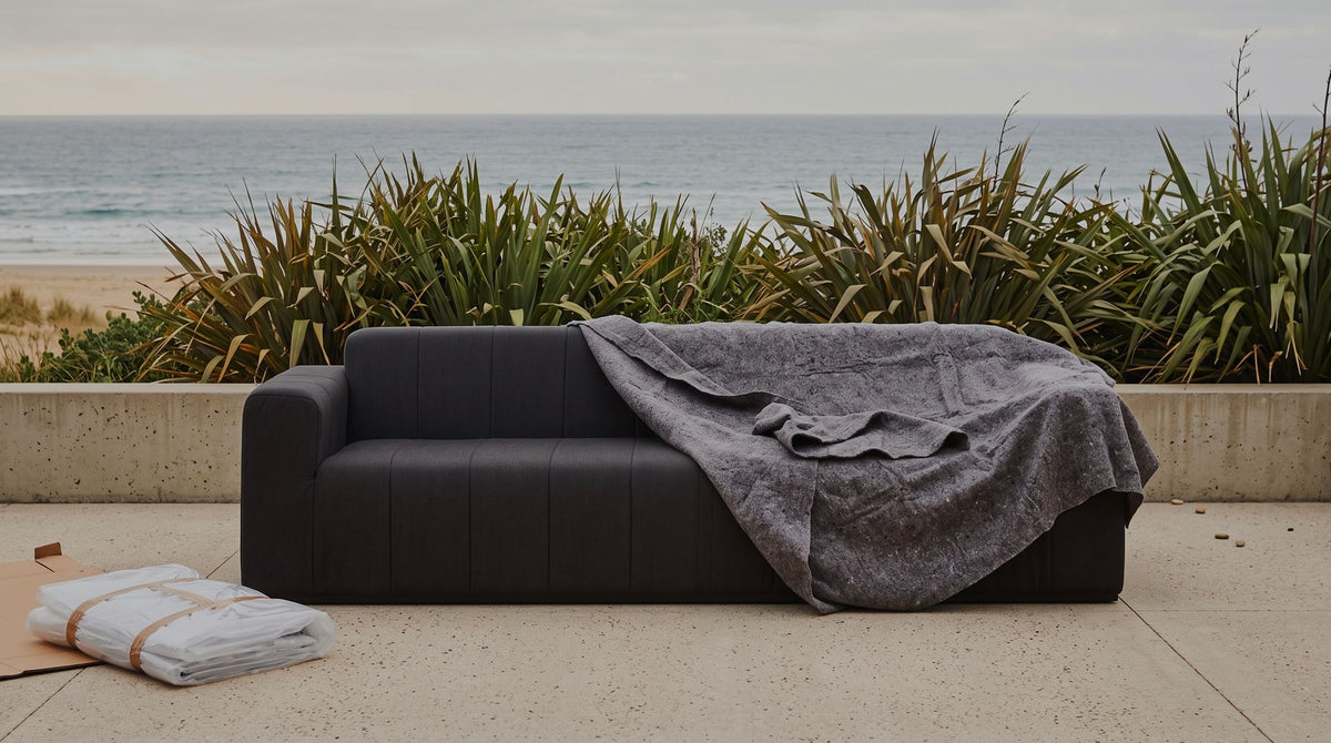 A newly delivered Matakana sofa with the wrapping drawn back