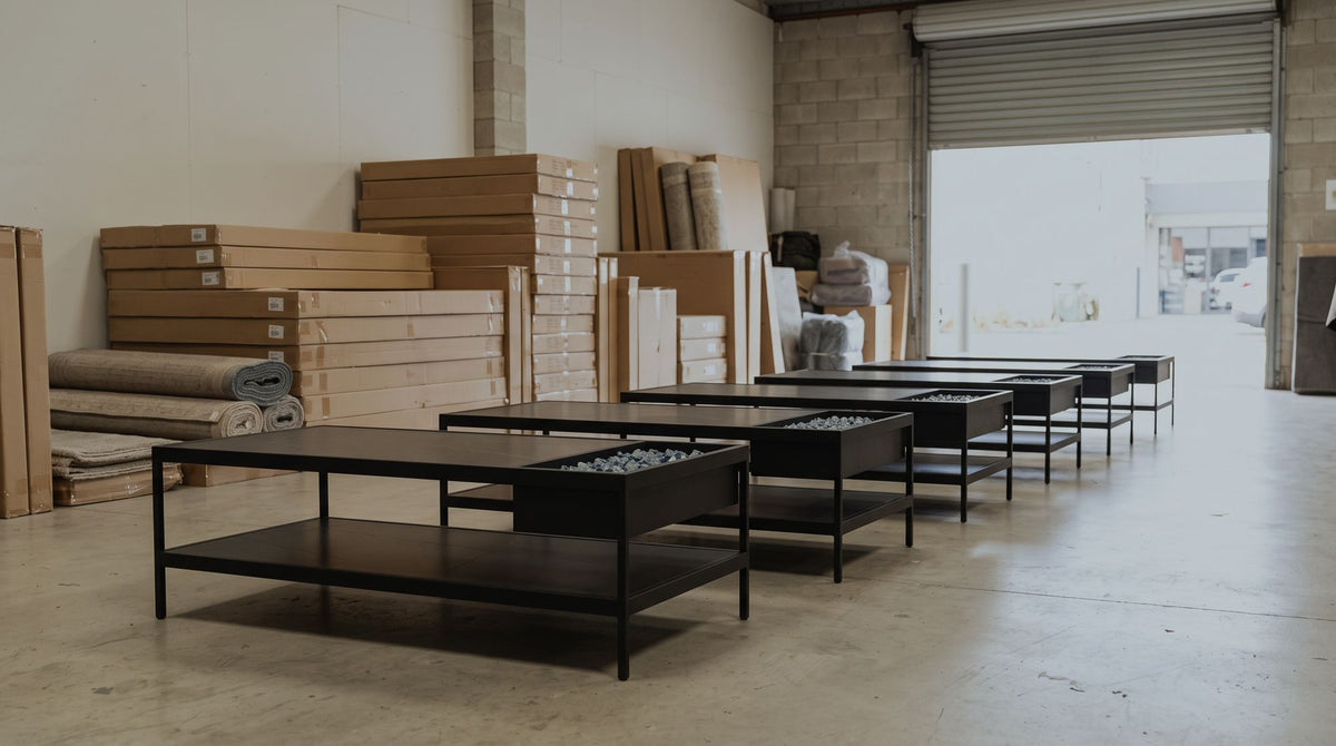 Assembled coffee tables in the store stock area