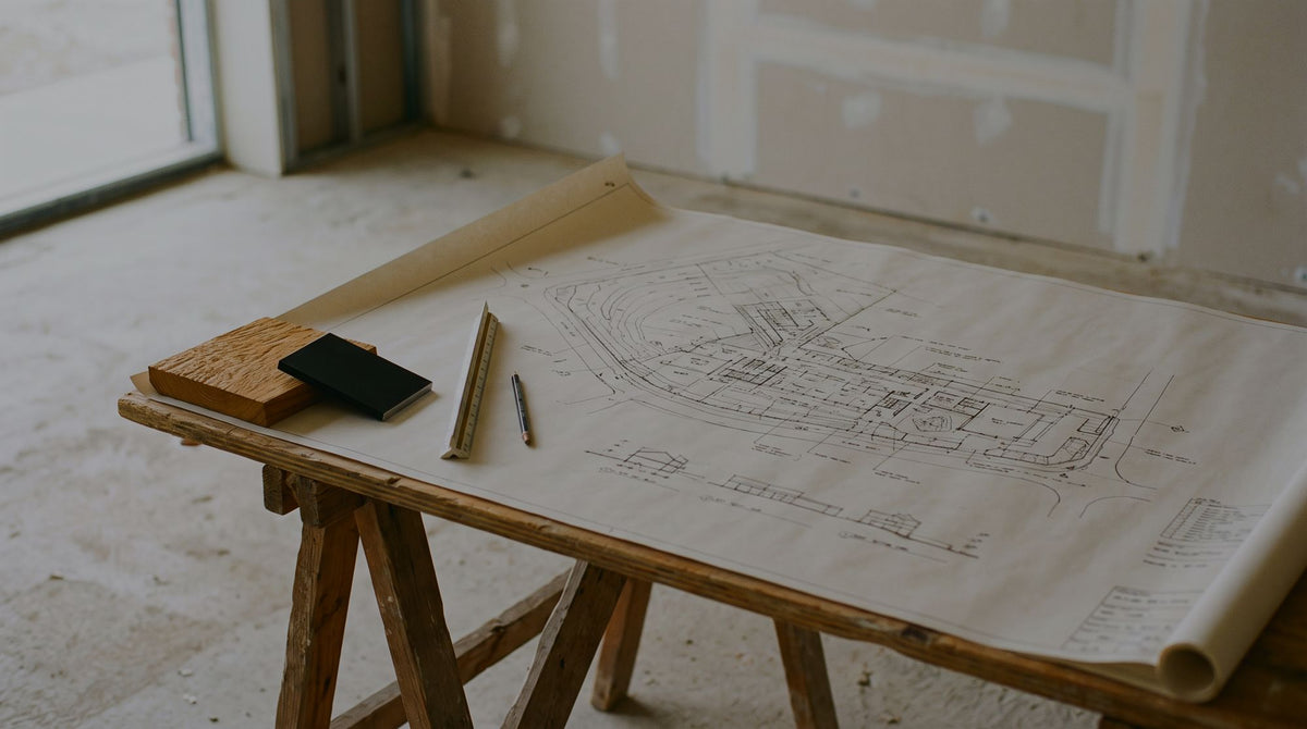 Architectural drawing weighted with teak and aluminium samples