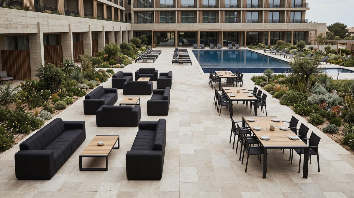 Matakana sofas and Avon dining tables specified across a hotel terrace