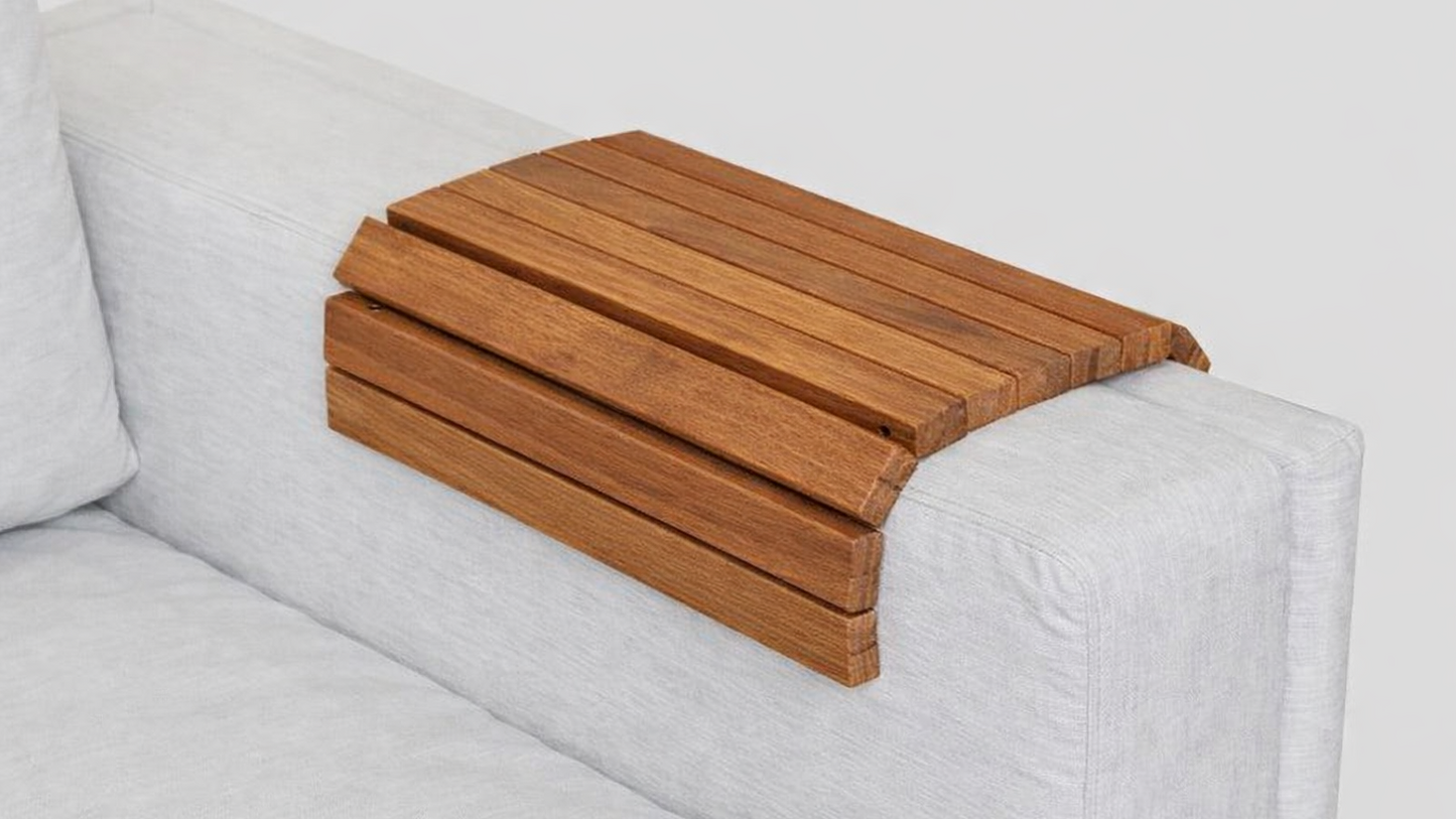 teak slat tray on marble sofa