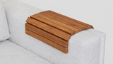 teak slat tray on marble sofa