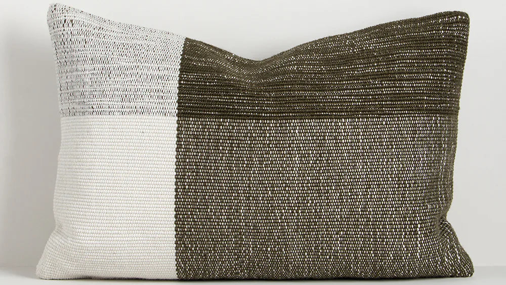 two tone textured white and dark green outdoor throw cushion