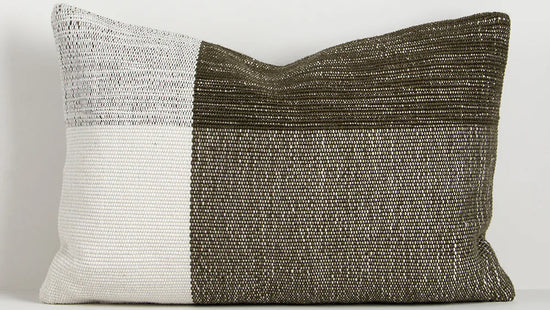 two tone textured white and dark green outdoor throw cushion