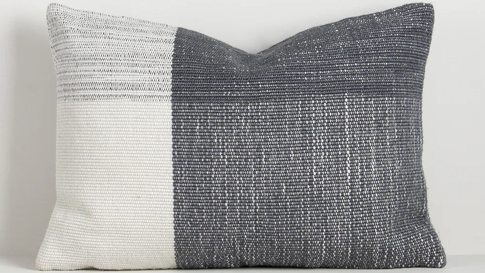 two tone steel blue and white textured outdoor throw cushion