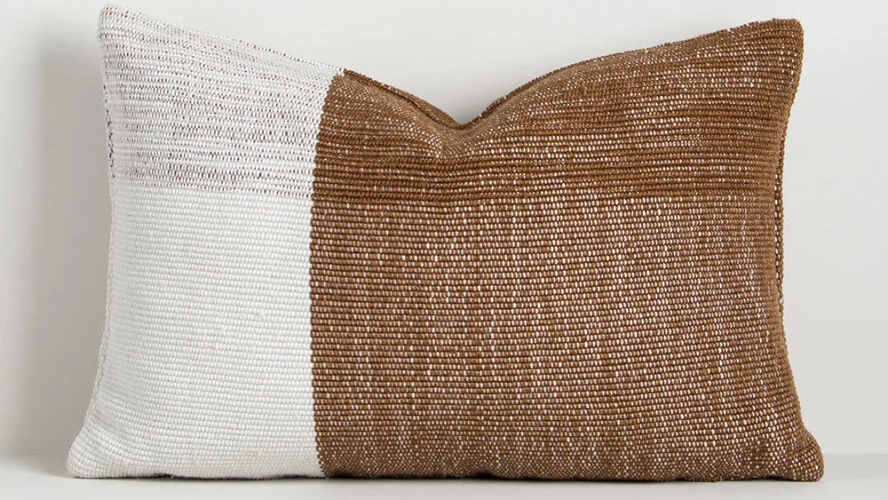two tone textured white and tobacco outdoor throw cushion