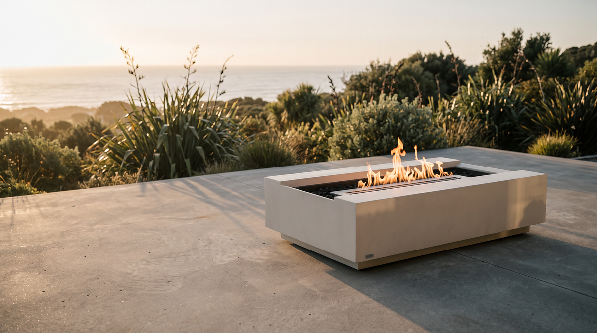 dchero fires Cosmo 50 concrete gas fire pit on a coastal terrace at golden hour