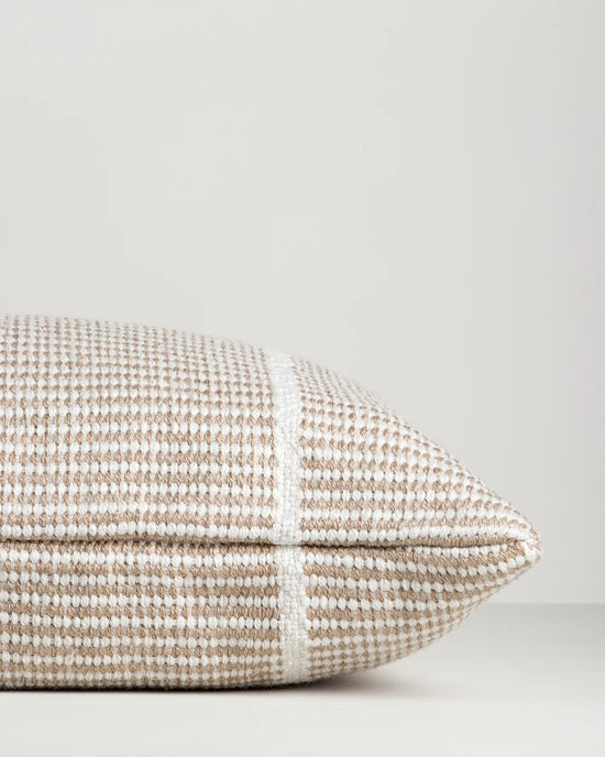 Shore Almond Outdoor Throw Cushion — handwoven edge detail, 400 × 600 mm
