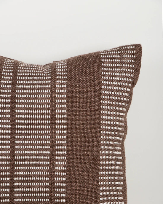 Swell Chocolate Cushion — woven chocolate and off-white pattern detail, 500 × 500 mm