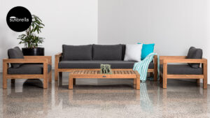 Outdoor Lounge Suites NZ - Mahurangi Teak Sofa Set Grey Front Sunbrella